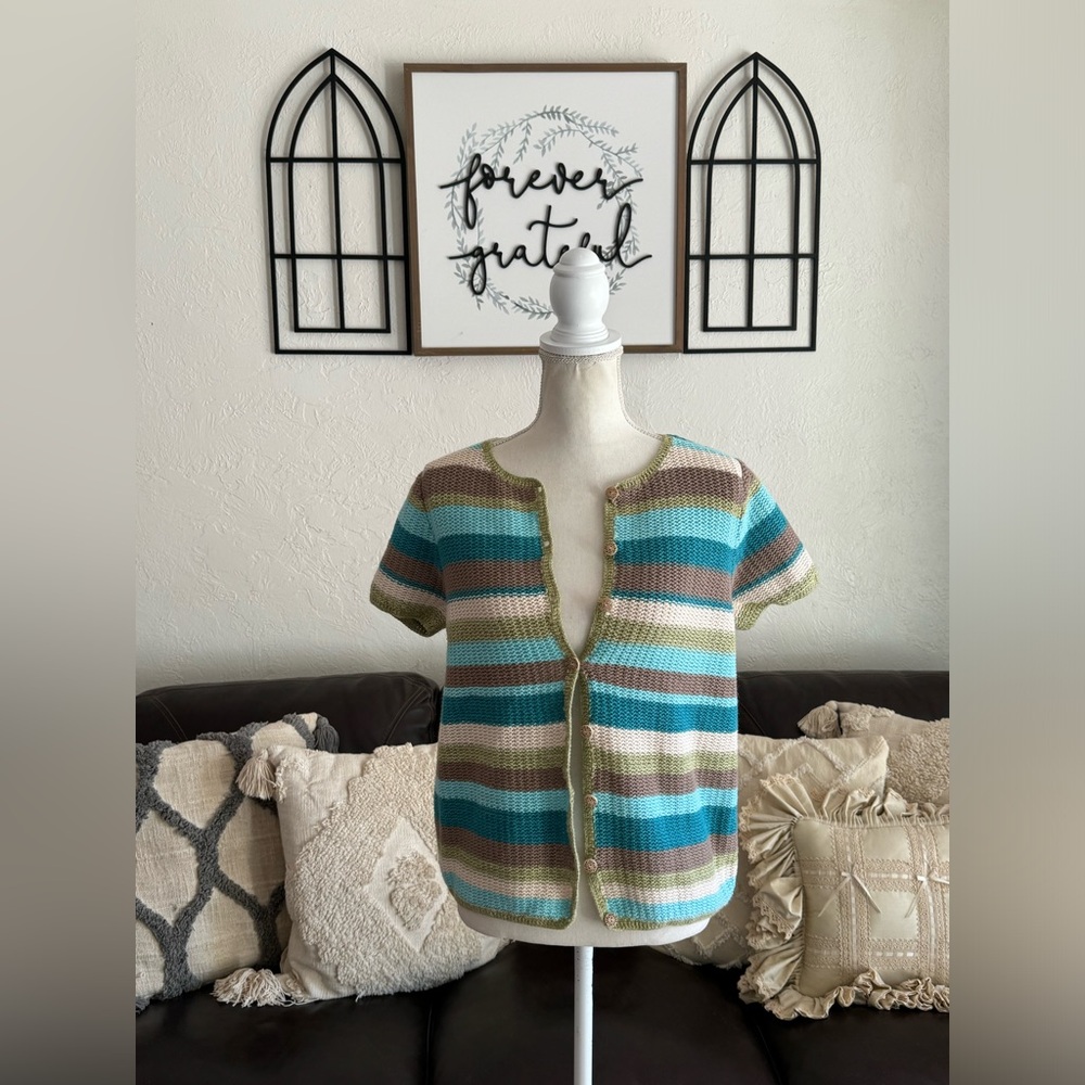 Vintage Coastal Granddaughter Short Sleeve Cardigan Cover Size M Hand Crochet - Picture 16 of 16